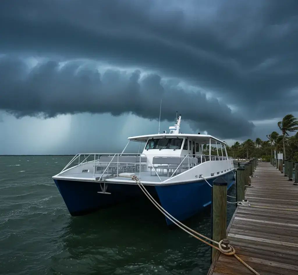 Tour catamaran moored at a wooden dock under storm clouds
