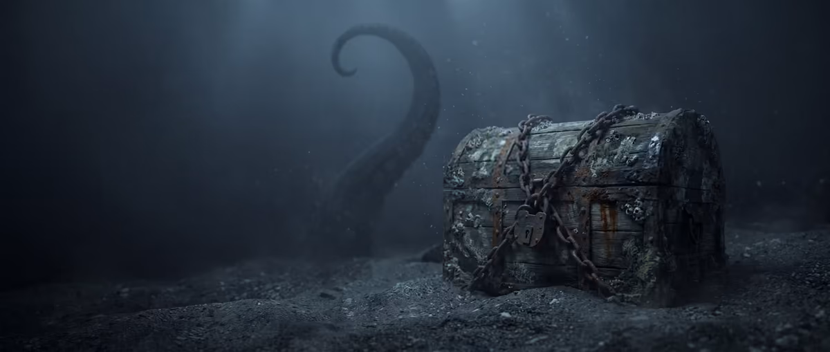 A rusted treasure chest, bound in chains and a heavy padlock, on the dark seafloor